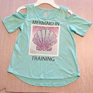 SO Girls Size 10, Teal cold shoulder top, short sleeve w/sequence shell/mermaid